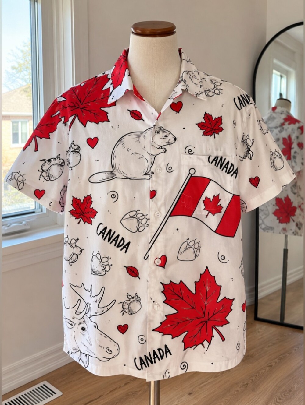 Men’s 3XL Canada Maple Leaf Flag Button-Up Shirt Short Sleeve